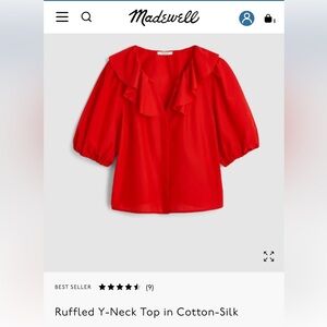 Madewell Ruffled Y-Neck Blouse in red, size medium